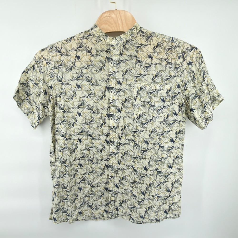 Scandia Woods Button Front Shirt Mens Medium Cream Blue Yellow Silk Band Collar